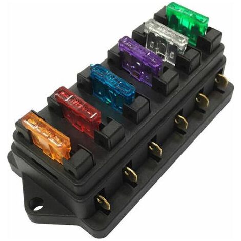 Boîte à fusibles 6 voies – Bloc de fusibles à lame pour circuits 12V/24V – Courant 1-40A – 6 fusibles inclus pour protection électrique (1/5)