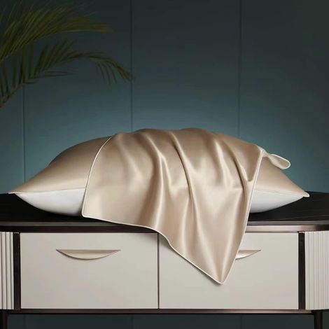 Lot de 2 taies d'oreiller en soie 22 mommes, 600 fils, tissu satin, 100 % soie, fermeture éclair dissimulée (champagne, 50x75 cm)