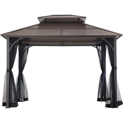Sunjoy – Gazebo en acier marron 307 x 366 cm – Cadre résistant à la rouille – Auvent ventilé à deux niveaux – Moustiquaire incluse (1/5)