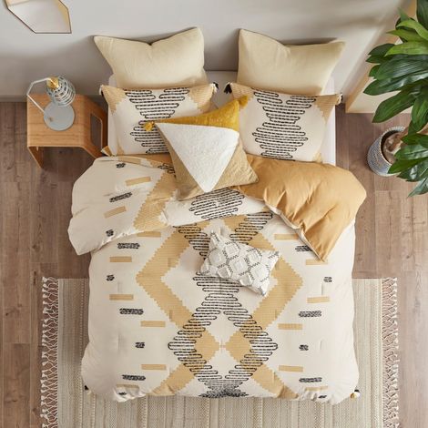 Parure de lit 3 pièces pour Grand lit, Motif géométrique du sud-Ouest avec Broderie décorative, Couette en Coton prélavé pour Grand lit, 2 Couvre-oreillers, Jaune (1/5)