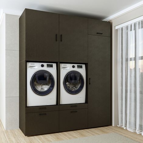 Roomart S2 Waschmaschinen-Doppelschrank 194 cm, Schwarz-Eiche