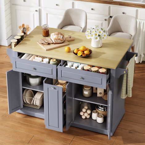 Isla de cocina móvil con tablero abatible, mueble auxiliar de cocina MDF 121 x 69 x 89 cm (1/5)