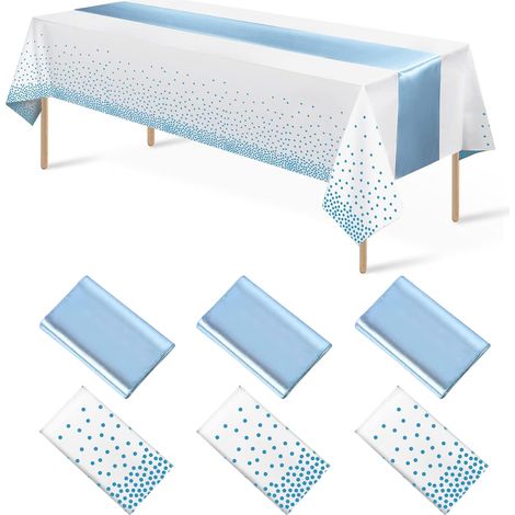 3 nappes jetables rectangulaires Divers accessoire de table 137 x 274 cm imprimées blanc et bleu ciel pour anniversaire, baby shower, mariage (1/5)