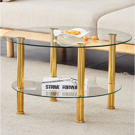 Runder Couchtisch 70x70x42 cm in Transparent und Gold – doppelte Tischplatte aus ESG-Glas MEUBLIV (1/5)