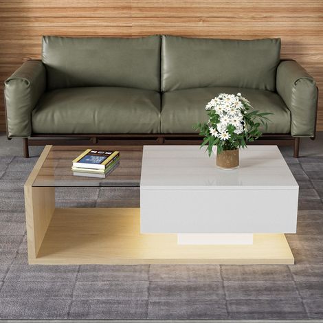 Couchtisch mit Platte aus gehärtetem Glas und intelligenter mehrfarbiger LED-Beleuchtung (App-Steuerung) – 105 x 55 x 32,5 cm – Weiß & Holz