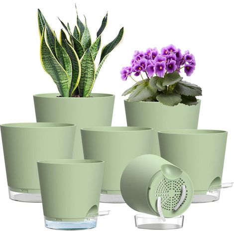 Lot de 7 pots de fleurs à réserve d'eau avec indicateur de niveau, vert (1/5)
