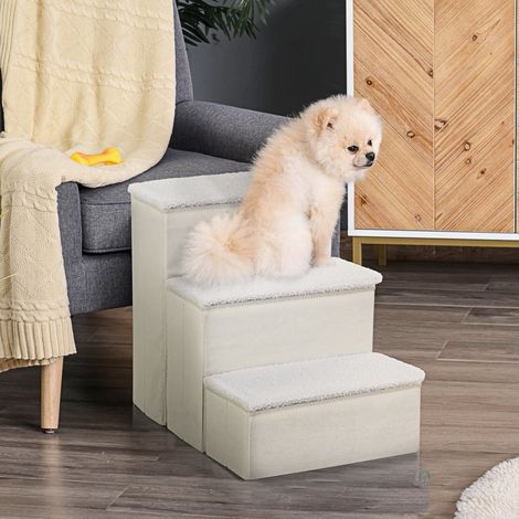 Escalera plegable para mascotas de 3 peldaños con almacenamiento, MDF blanco 40 x 54 x 48 cm HAVRYA (1/5)
