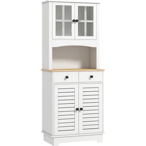 Mobile da cucina con ante in vetro, 2 cassetti, credenza, mobile da sala da pranzo, in legno, 68 x 39,5 x 170 cm, biancoSul posto