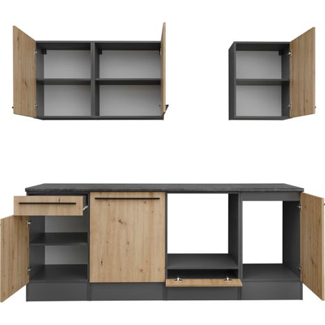 Cuisine complète Porto - Bois MDF anthracite et chêne artisan - 220 x 210 x 60 cm - Livraison gratuite (1/5)