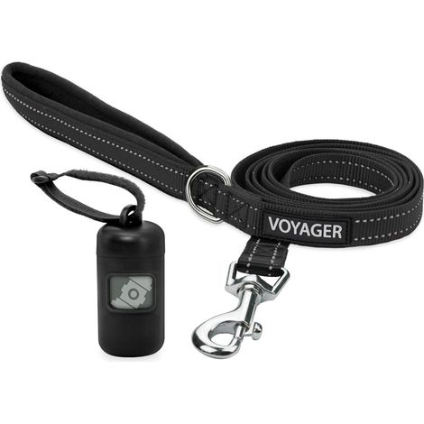 Voyager Reflektierende Hundeleine mit Neoprengriff und wiederverwendbarem Mesh Dispenser-Kotbeutel-Halter by Best Pet Supplies, Schwarz, size M
