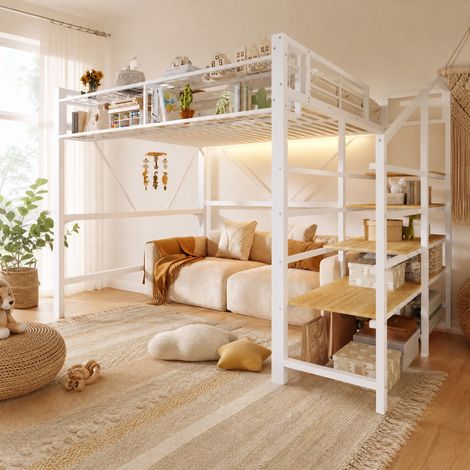 Letto a soppalco 140 x 200 cm in metallo e MDF bianco con LED e vano contenitore (1/5)