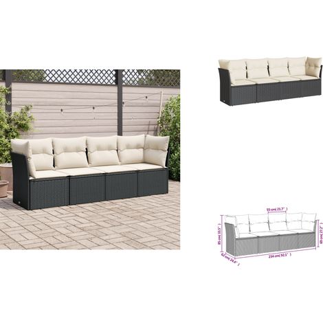 4-tlg. Garten-Sofagarnitur mit Kissen Schwarz Poly Rattan - Gartensorgaunität - Outdoor Möbel - Lounge Set - Rattan Sofa - Gartenlounge