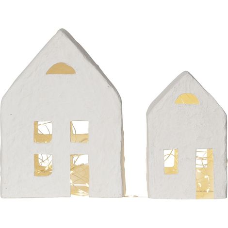 Maisons lumineuses LED Star Trading 'Plain' en papier, piles + minuteur, papier mâché, 2 maisons décoratives, blanc, H 20 cm, L 140 cm (1/4)