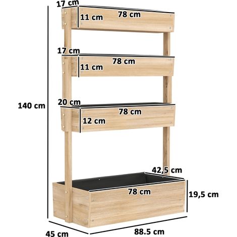 Jardinière surélevée en bois avec 4 étages, escalier de fleurs avec doublure, trous de drainage bois naturel (1/3)