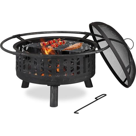 Relaxdays Feuerschale mit Grillrost & Funkenschutz, Schürhaken, Kohlerost, Ø 75 cm, Feuerstelle Garten, schwarz/silber