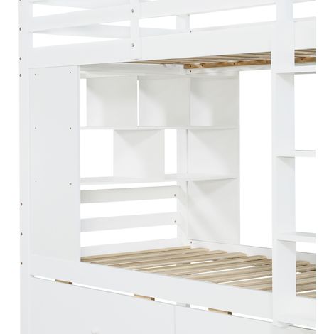 Etagenbett 90x200 cm weiß aus Holz mit 2 Schubladen, offenem Fach und Leiter (1/5)
