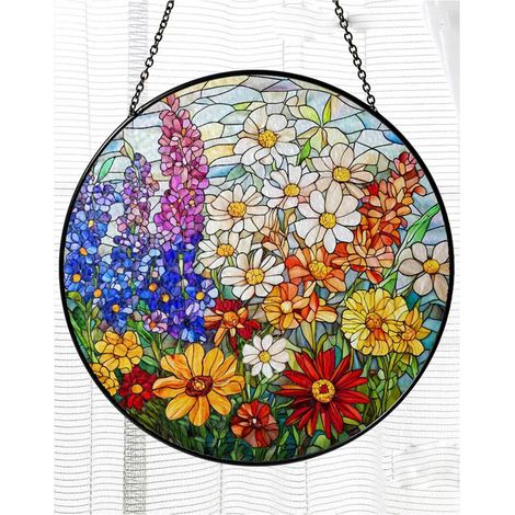 Décoration vitrail fleurs sauvages 12,5 cm, attrape-soleil suspendu