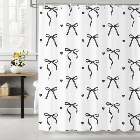 Rideau de Douche Noir Blanc Nœud 180 x 180 cm, Mignon Fille Nœud Papillon Rideaux de Douche pour Salle de Bain, Imperméable Anti-Moisissures Tissu Rideaux de Baignoire avec 12 Crochets (1/5)