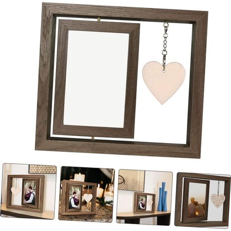 Cadre photo rotatif de 15 cm avec attache en forme de cœur, cadre photo rustique double face pour la décoration intérieure, idéal pour les photos de famille et d'amis, présentation décorative unique (1/3)