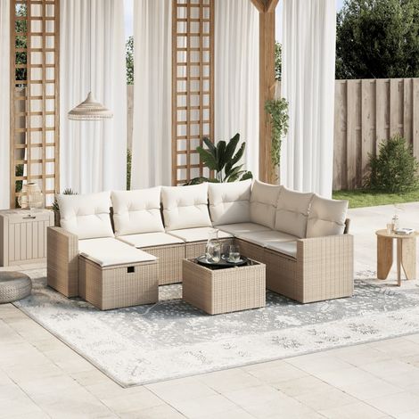 Ensemble Salon Jardin Résine Tressée 8 Places Table Verre Trempé Coussins Amovibles Beige (1/4)