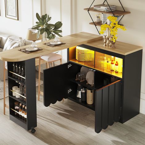Tavolo bar 135x39x100 cm, mobile, con LED e porte scorrevoli, MDF e vetro, nero
