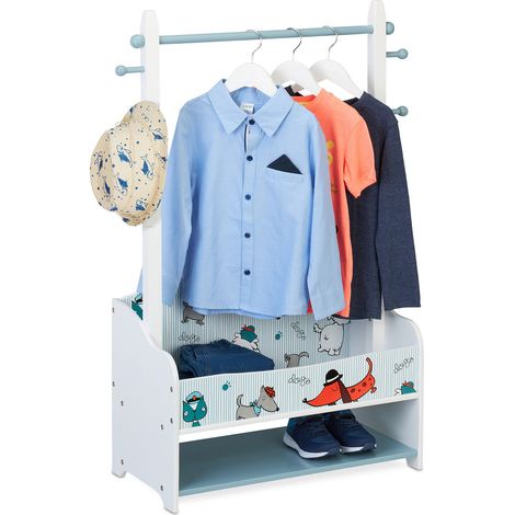 Relaxdays Clothes Rack for Children, Wardrobe HWD: 101 x 71 x 30 cm, 4 Hooks, 2 Shelves, with Shoe Shelf, Colourful Dogs (1/5)
