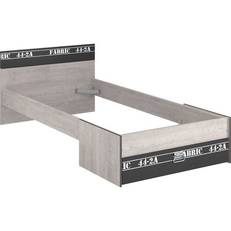 Lit 90x200 aspect bois grisé tête et pied de lit tiroir anthracite sérigraphiés - ZIGGY (1/5)