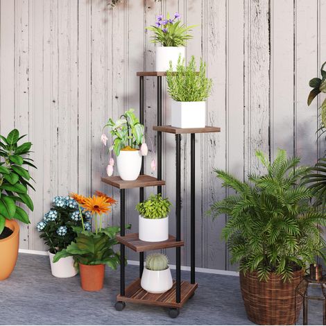 Soporte para plantas de 5 niveles (59x59x110 cm), con ruedas, estructura de acero y estantes de madera, negro (1/5)