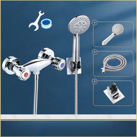 (Ensemble rond vers le bas) Robinet de salle de bain mitigeur double trou, robinet de douche, robinet de baignoire, eau chaude et froide, double poignée, double commande, mural (1/5)