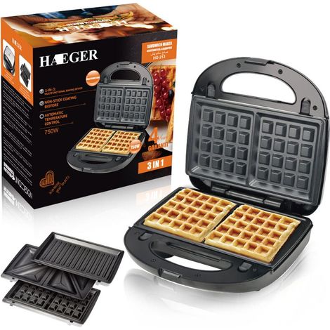 Appareil 3 en 1 : sandwich, gaufrier, grill de contact, compatible lave-vaisselle et avec plaques antiadhésives [Classe énergétique A++ - AquaForge] (1/4)