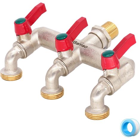 Robinet 3 voies, robinet de jardin et répartiteur 2 en 1, distributeur de robinet en laiton avec poignée allongée, entrée 1/2" et trois sorties 3/4" avec adaptateur de robinet marche/arrêt (1/5)