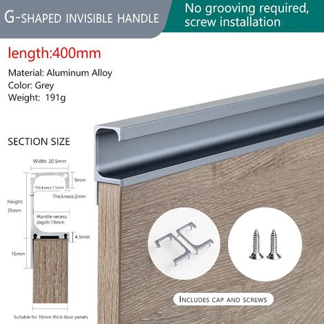 Poignées de tiroirs de cuisine (grises, 400 mm - 1 pièce) en profilé aluminium invisible sans rainure, en forme de G, pour installation sans perçage. (1/5)