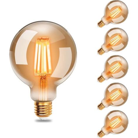 Edison Vintage Glühbirne, 95mm Durchmesser, Nicht Dimmbar, G95 E27 LED Filament Lampe, 4W Ersetzt 40W Glühlampe, 400 LM, 2200K Warmweiß, Bernsteinfarbenes Glas, 6 Stück (1/5)