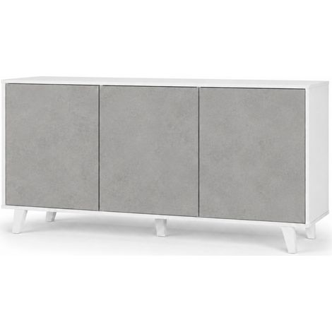 Credenza Moderna Madia 3 Ante Senza Maniglie Design Minimal Con Piedini Rialzati Per Soggiorno Ingresso Corridoio Salotto 154 X 72 X 40 Cm Bianco E Grigio Cemento (1/4)