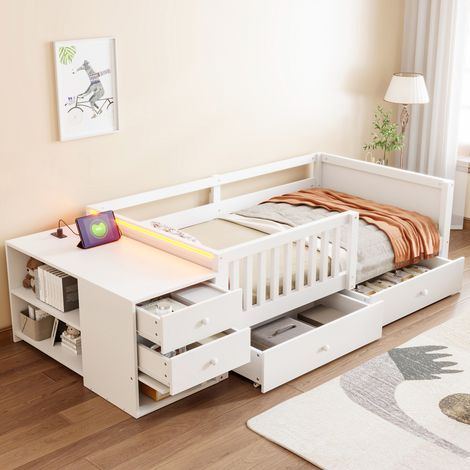 Modernluxe - Lit enfant 90 x 200 cm - avec prise électrique - avec éclairage LED - avec 4 tiroirs - blanc (matelas non inclus) (1/5)