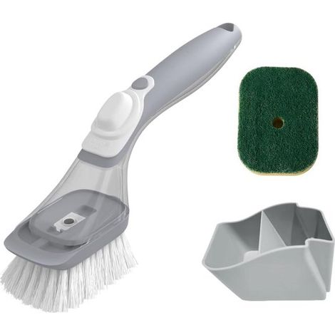 Brosse à vaisselle pratique avec distributeur de savon et tête de tampon à récurer pour le nettoyage de la cuisine (1/5)