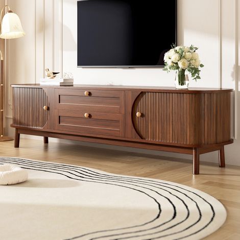 Meuble TV 170 cm Noyer avec 2 Portes Coulissantes Cannelées à Lattes, 2 Tiroirs, Bords Arrondis et Pieds en Bois Massif, Meuble TV Bas de Salon Vintage Mid-Century (1/5)