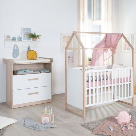 Chambre bébé duo : Lit 60 x 120 cm + commode a langer évolutive - CABANE - ROBA - Chene / Blanc