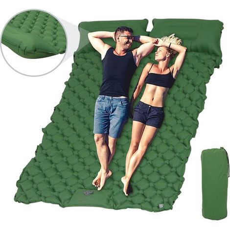 Matelas de Camping Autogonflant 2 Personnes, Matelas de Couchage Gonflable avec Pompe à Pied, 2 Oreillers, Sac, Vert (1/4)
