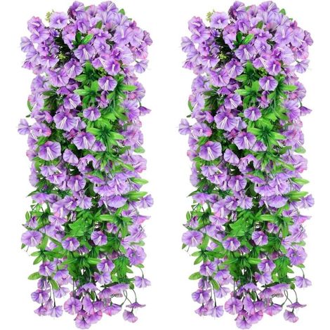 Lot de 2 fleurs artificielles suspendues, protection UV, pour décoration murale de jardin, porche, réveillon de mariage (violet) (1/4)