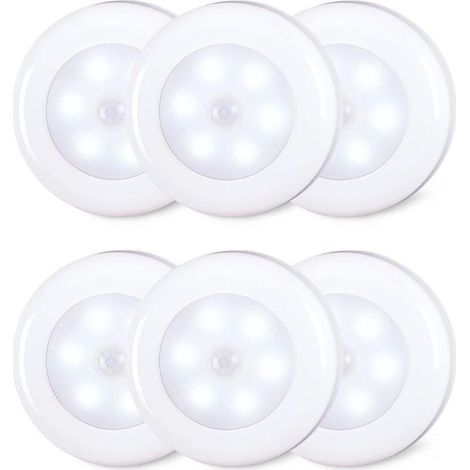 Confezione da 6 luci LED con sensore di movimento da 8 cm per interni, alimentate a batteria AAA, adesive per scale, sottopensili, armadi, bianco freddo (1/4)