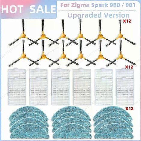 Pièces de rechange compatibles avec l'aspirateur Zigma Spark 980/981 : brosse latérale, filtre HEPA principal et chiffon de nettoyage. (1/4)
