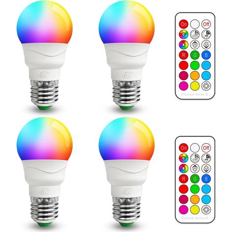 Ampoule LED E27 Couleur - Lot de 4 - Verre et Plastique - Télécommande RGB 12 Couleurs - Salon Chambre Bureau - Équivalent 40W Blanc Chaud (1/5)