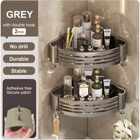 Étagère de salle de bain (grise, 2 niveaux) pour douche, rangement mural pour flacons de shampoing, étagère d'angle sans perçage, accessoires de salle de bain (1/5)