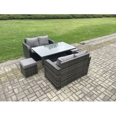 Fimous Meubles de Jardin en rotin ave Canapé d'amour Table à manger réglable en hauteur 2 petit Tabourets  Mélange gris foncé (1/5)
