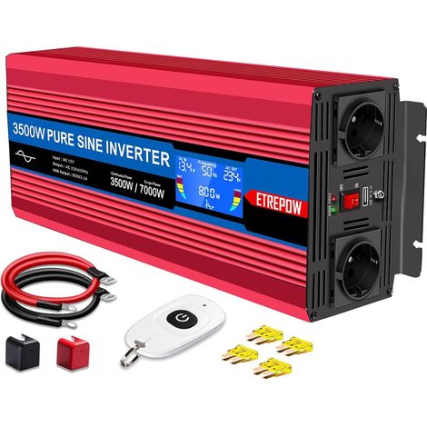 3500W convertisseur 12v 220v Pur Sinus transformateur 2 Prises EU AC et USB, télécommande sans Fil et écran LCD Onduleur pour Les systèmes Solaire, Voiture, Camping, Voyage (1/5)