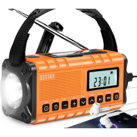Um rádio de alerta meteorológico de emergência com geração de energia solar e por manivela, carregamento USB e design portátil.