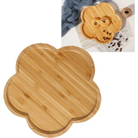 Rundes Bambus-Teetablett, Holz-Snacktablett, multifunktionales, unterteiltes Tablett, blütenförmiges Holztablett, Babyteller, 20 x 20 x 1,4 cm (1/5)