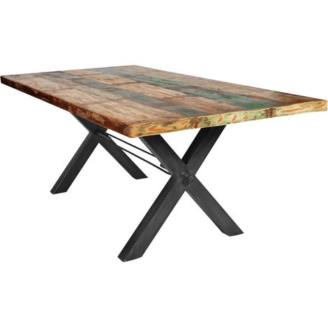 Table à manger en bois de récupération peint en couleurs vives et structure en fer 160x85 cm - PANGIVO (1/4)