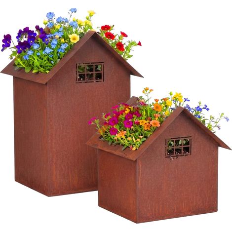 Relaxdays Decoro da Giardino Effetto ruggine, Set 2 pz, 2 Misure, Metallo, vasi/Lanterne casa (1/5)